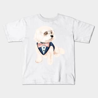 Puppy in glass, bichon frise dog, cute business puppy, bichon in jacket, seriously dog Kids T-Shirt